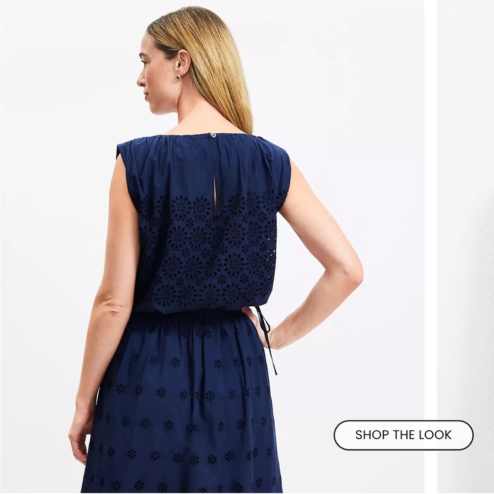 LOFT Eyelet Side Tie Pleated Bubble Top Medium Petite - Picture 3 of 6